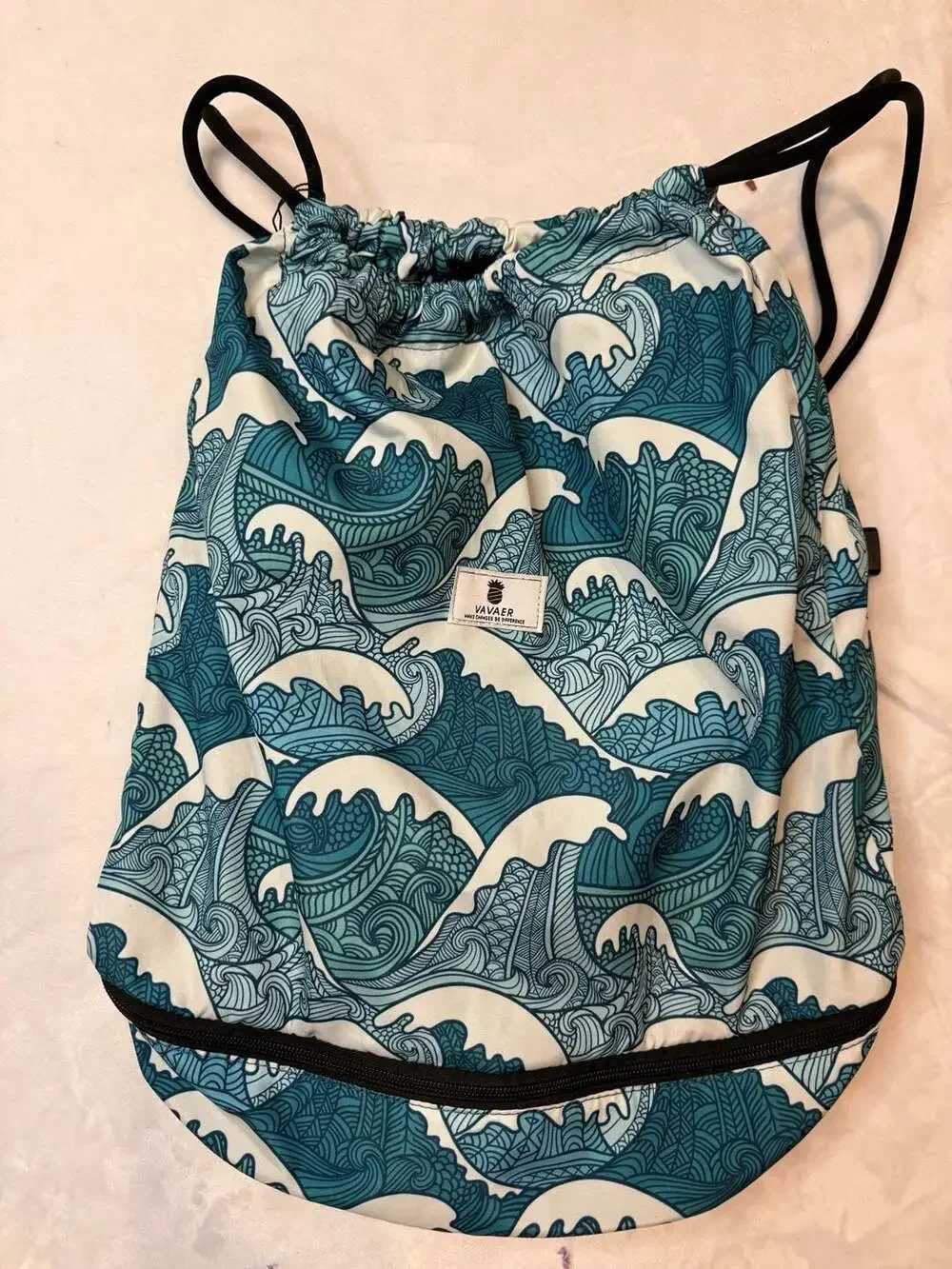 Vavaer Blue Sea Wave Print Waterproof Drawstring Backpack Gym Bag